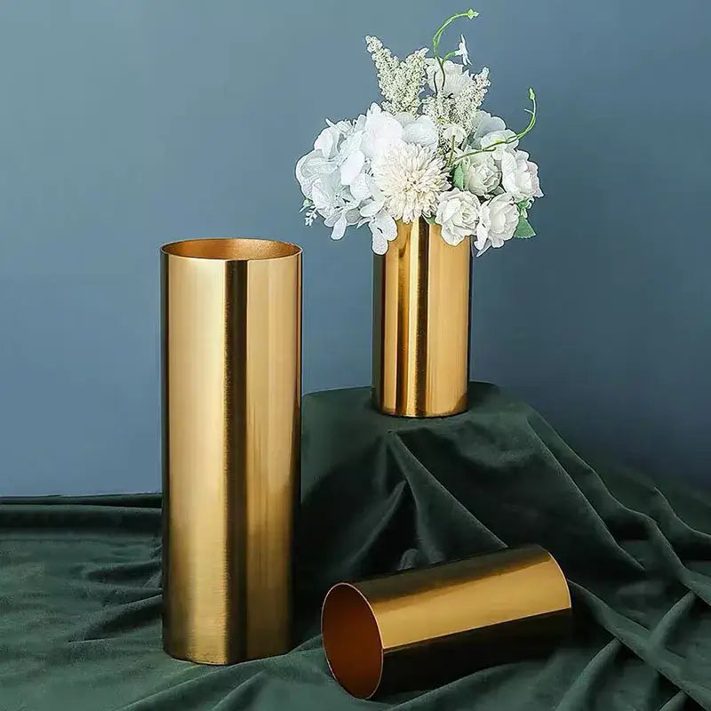 Modern ridged gold plated cylinder vase living room decor