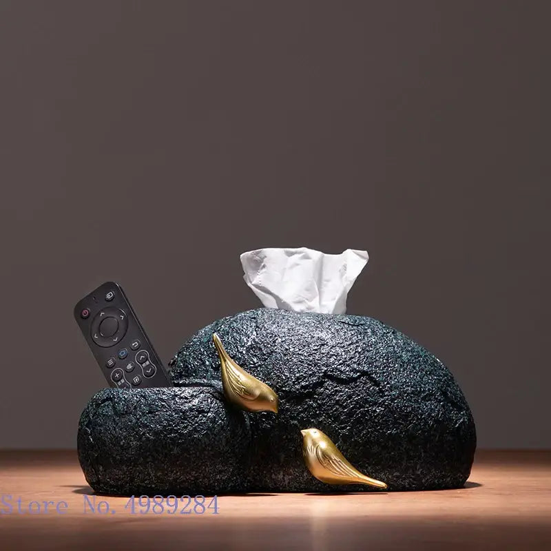 Modern rock textured black & gold bird tissue box living room decor