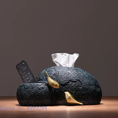 Modern rock textured black & gold bird tissue box living room decor