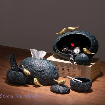 Modern rock textured black & gold bird tissue box living room decor
