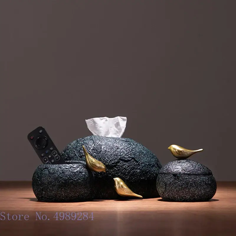 Modern rock textured black & gold bird tissue box living room decor