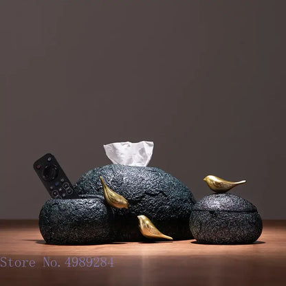 Modern rock textured black & gold bird tissue box living room decor