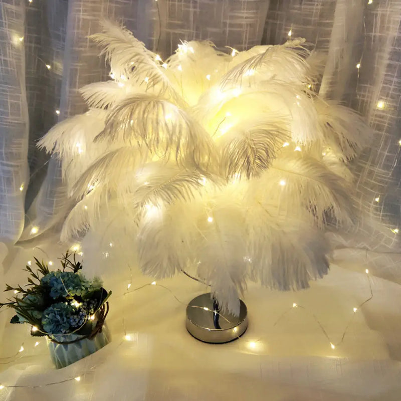 DecorBites™ Modern Romantic Pink/White LED Nightstand Lamp with K9 Crystal Drop - Palm Tree Feather Table Lighting
