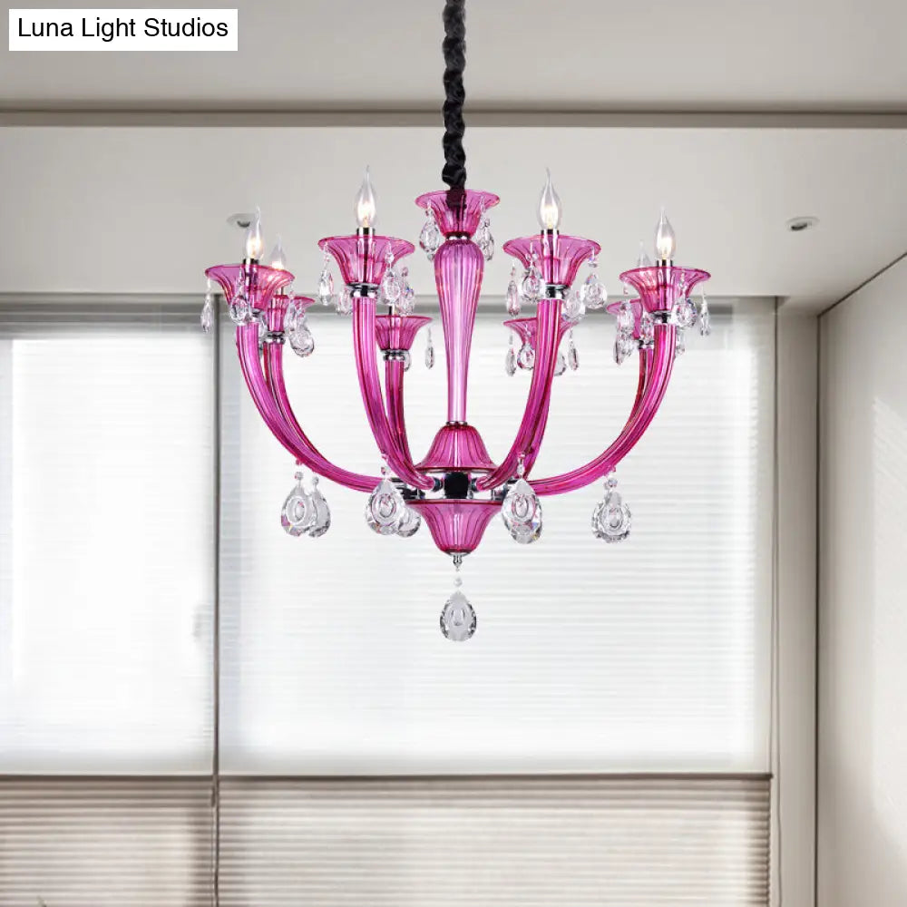 DecorBites™ Modern Rose Red Glass Chandelier with Crystal Draping - 8-Light Chrome Pendant for Living Room