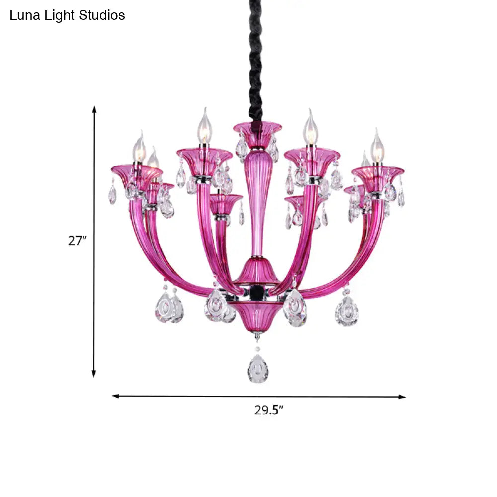 DecorBites™ Modern Rose Red Glass Chandelier with Crystal Draping - 8-Light Chrome Pendant for Living Room