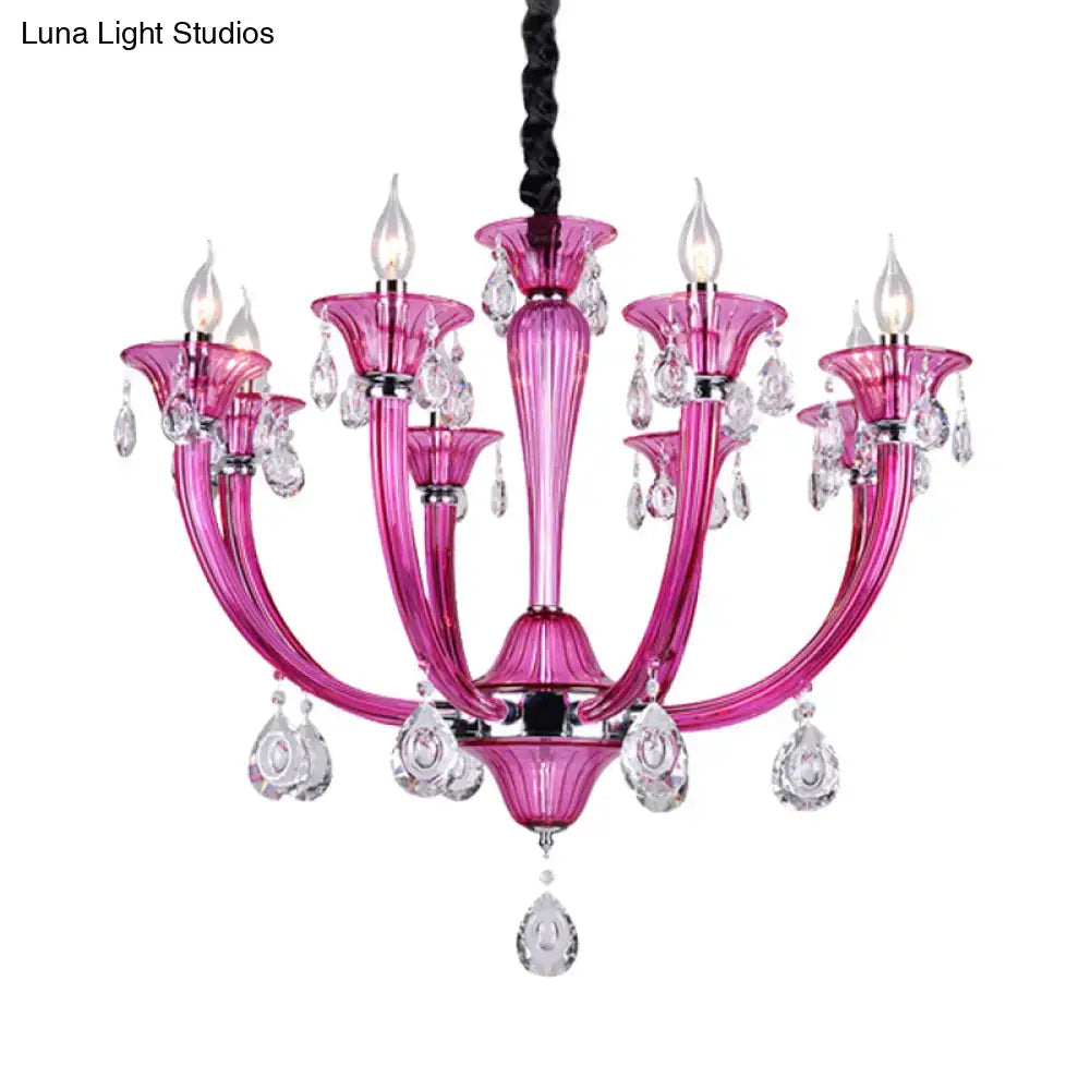 Modern rose red glass crystal chandelier living room pendant light