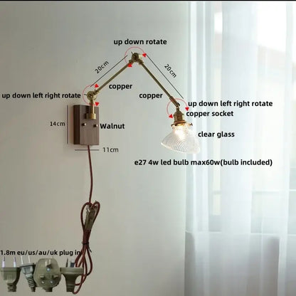 Modern rotatable brass wall light fixture with textured glass stair lamp