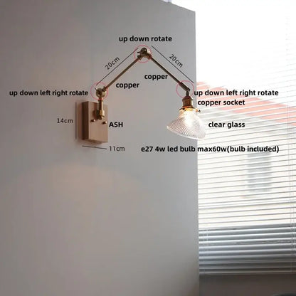 Modern rotatable brass wall light fixture with textured glass stair lamp