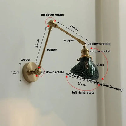 Modern rotatable brass wall light fixture with textured glass stair lamp