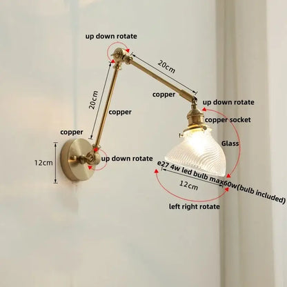 Modern rotatable brass wall light fixture with textured glass stair lamp