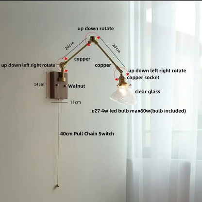 Modern rotatable brass wall light fixture with textured glass stair lamp