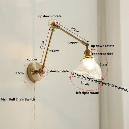 Modern rotatable brass wall light fixture with textured glass stair lamp