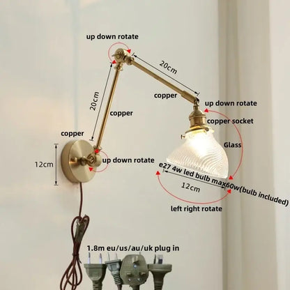 Modern rotatable brass wall light fixture with textured glass stair lamp