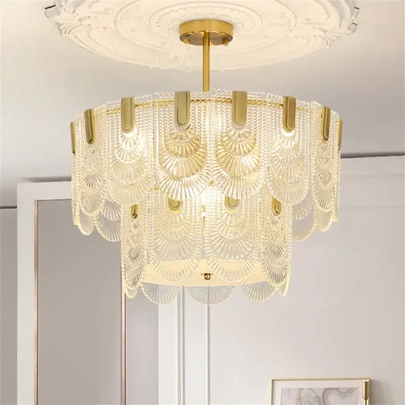 Modern scalloped art glass chandelier gold dining room light