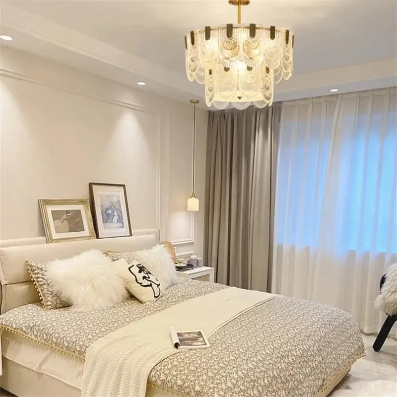 Modern scalloped art glass chandelier gold dining room light