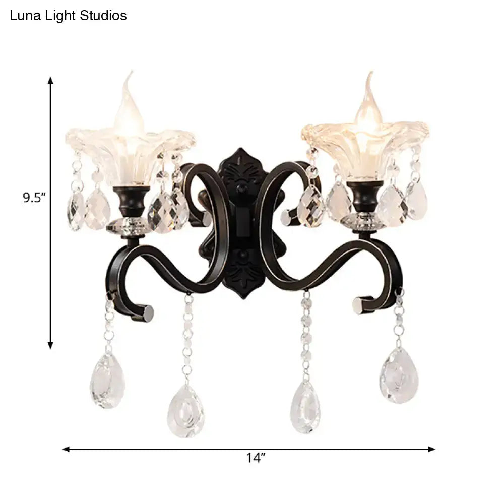 Modern scalloped black crystal wall lamp bedroom curved arm direct wired