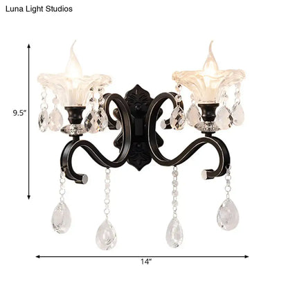Modern scalloped black crystal wall lamp bedroom curved arm direct wired