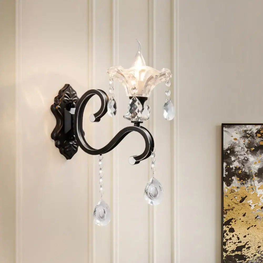 Modern scalloped black crystal wall lamp bedroom curved arm direct wired
