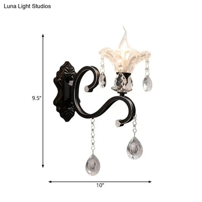 Modern scalloped black crystal wall lamp bedroom curved arm direct wired