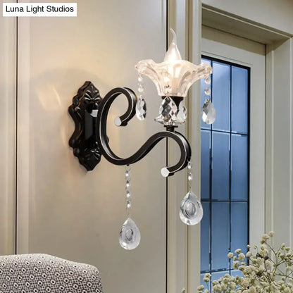 Modern scalloped black crystal wall lamp bedroom curved arm direct wired