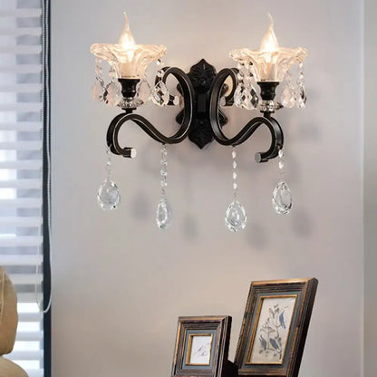 Modern scalloped black crystal wall lamp bedroom curved arm direct wired