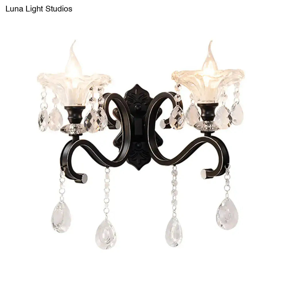Modern scalloped black crystal wall lamp bedroom curved arm direct wired