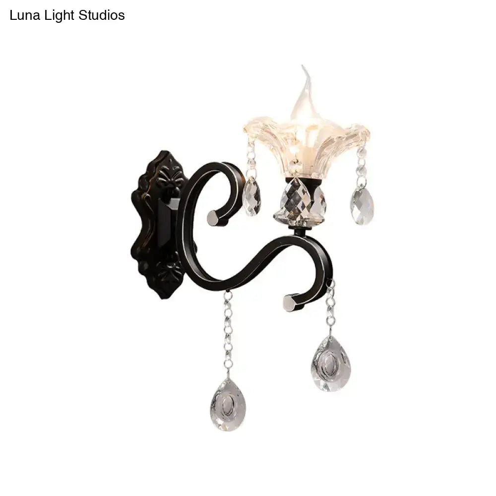 Modern scalloped black crystal wall lamp bedroom curved arm direct wired