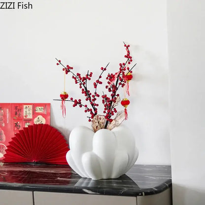 Modern scalloped white ceramic creative petal vase living room decor