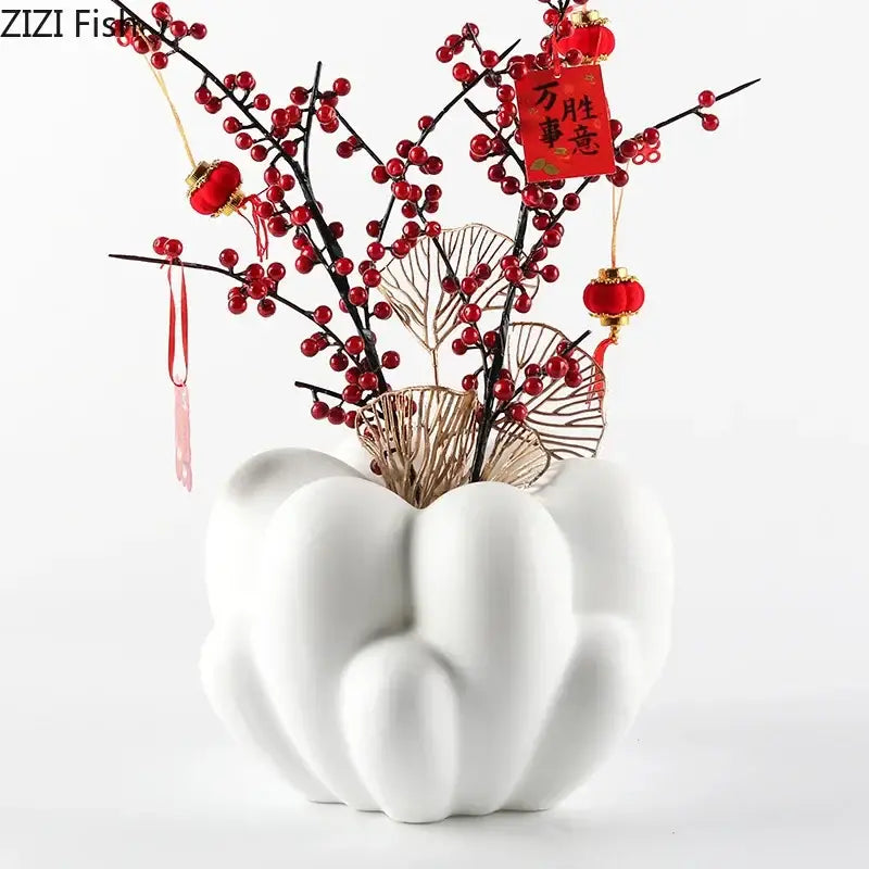 Modern scalloped white ceramic creative petal vase living room decor