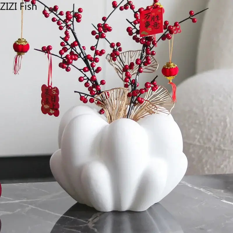Modern scalloped white ceramic creative petal vase living room decor
