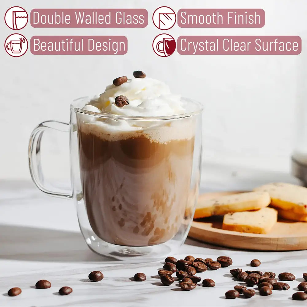 Modern set of 4 clear double wall glass coffee cup kitchen mugs