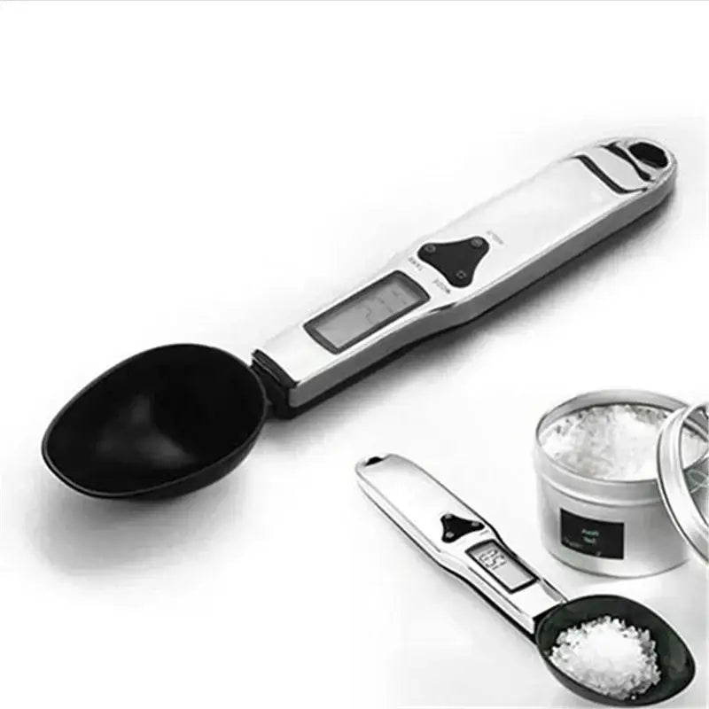 Modern silver and black digital kitchen spoon scale