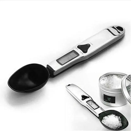 Modern silver and black digital kitchen spoon scale