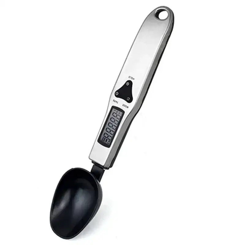 Modern silver and black digital kitchen spoon scale