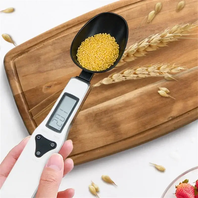 Modern silver and black digital kitchen spoon scale