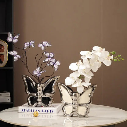 Modern silver black & white butterfly ceramic vase living room decor