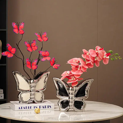 Modern silver black & white butterfly ceramic vase living room decor