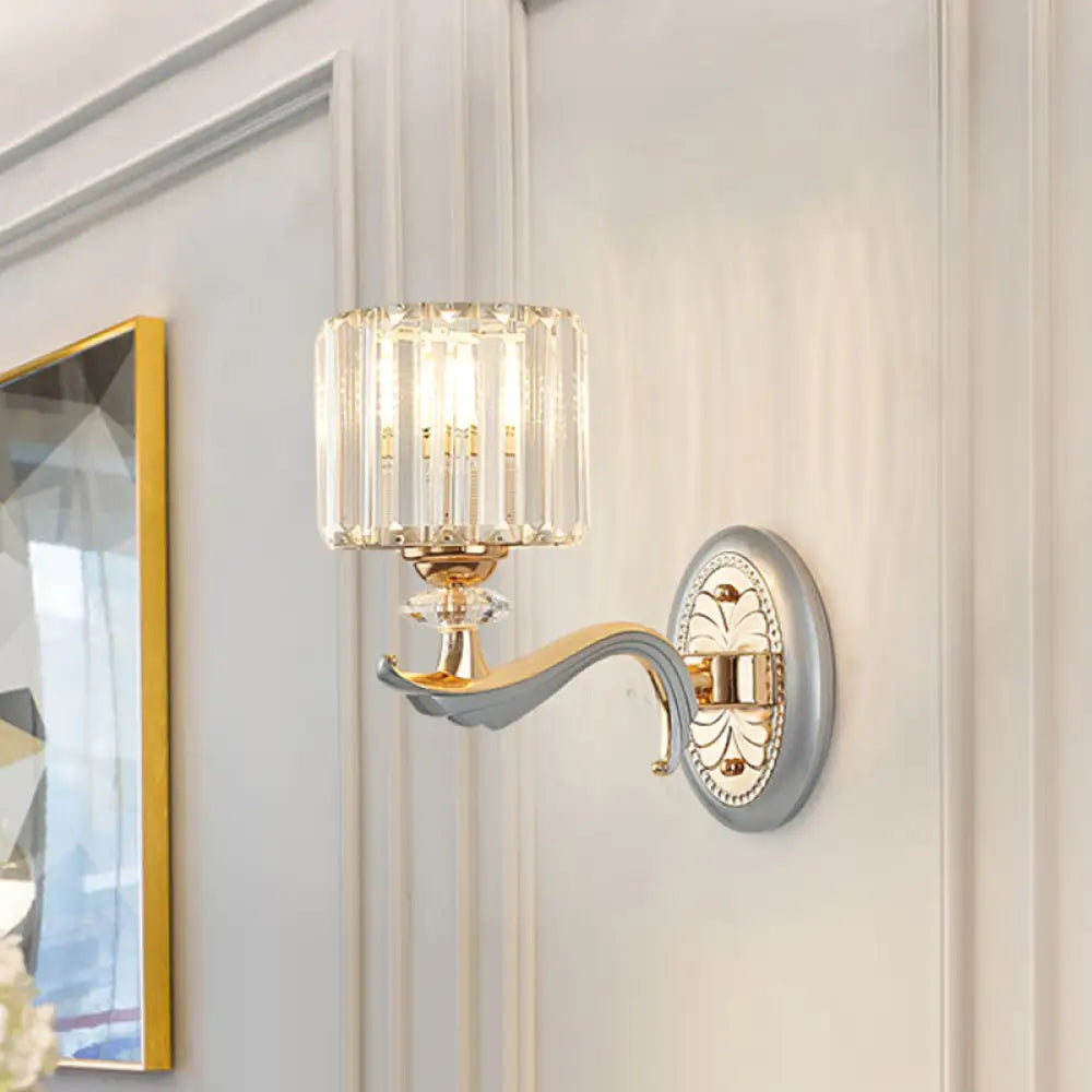 DecorBites™ Modern Silver Cylinder Sconce with Clear Crystal Shade - Flush Mount Wall Light