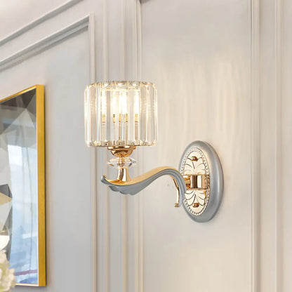 DecorBites™ Modern Silver Cylinder Sconce with Clear Crystal Shade - Flush Mount Wall Light