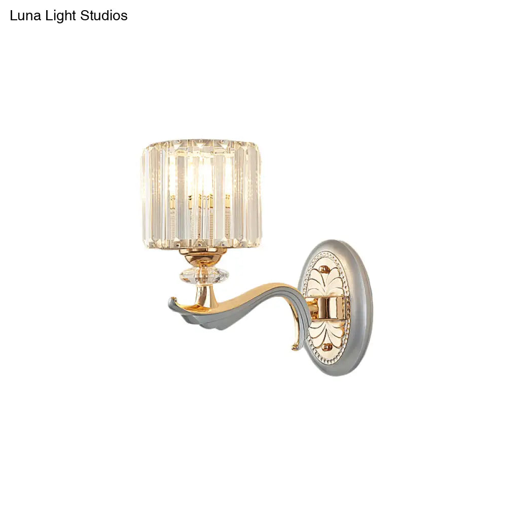 DecorBites™ Modern Silver Cylinder Sconce with Clear Crystal Shade - Flush Mount Wall Light
