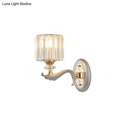 DecorBites™ Modern Silver Cylinder Sconce with Clear Crystal Shade - Flush Mount Wall Light