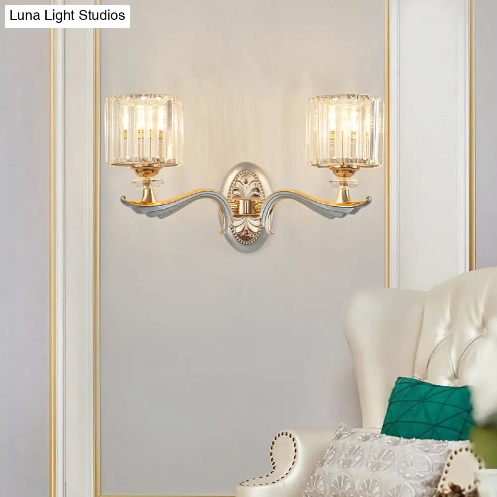 DecorBites™ Modern Silver Cylinder Sconce with Clear Crystal Shade - Flush Mount Wall Light
