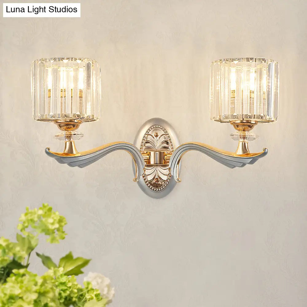 DecorBites™ Modern Silver Cylinder Sconce with Clear Crystal Shade - Flush Mount Wall Light