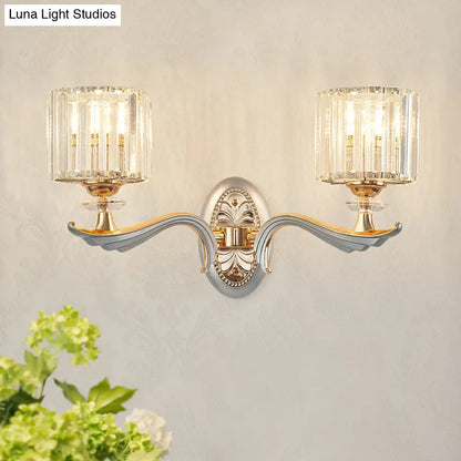 DecorBites™ Modern Silver Cylinder Sconce with Clear Crystal Shade - Flush Mount Wall Light