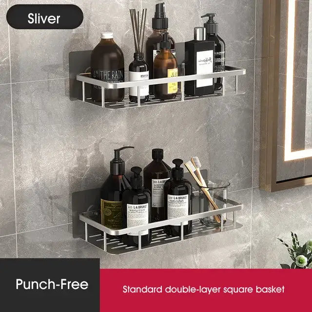 Modern silver double tiered corner shower shelf bathroom storage caddy