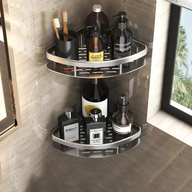 Modern silver double tiered corner shower shelf bathroom storage caddy