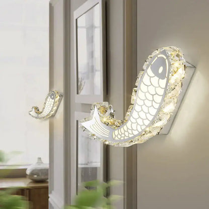 Modern silver fish crystal block shade wall sconce bedroom light