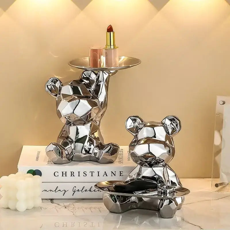 Modern silver geometric bear storage box living room decor statue