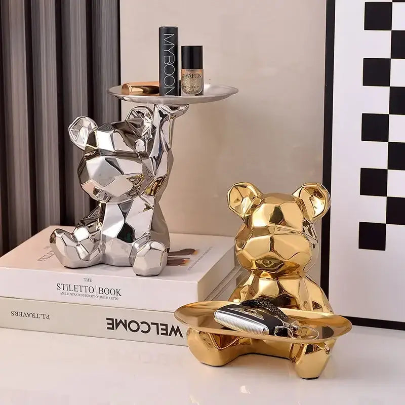 Modern silver geometric bear storage box living room decor statue