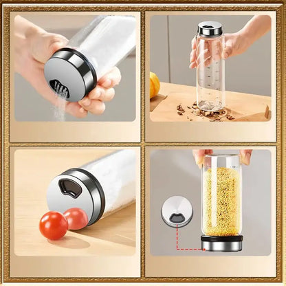 Modern silver glass seasoning jar set kitchen storage with measurements